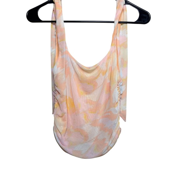 Free People Tops - Free People‎ Peach Ruched Floral Tie Dye Cowl Neck Mesh Tank Top Womens Large